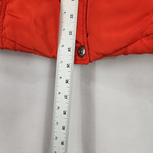 Green Tea Hooded Puffer Vest Sz Med Orange Red Faux Fur Zip Snap Up Sherpa Lined - Picture 6 of 10